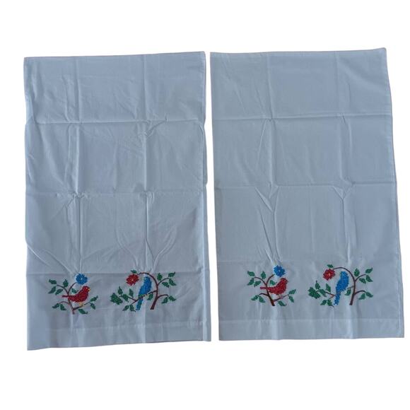 Set of 2 White Hand Cross Stitched Pillowcases Blue & Red Birds on Branch - Picture 1 of 13